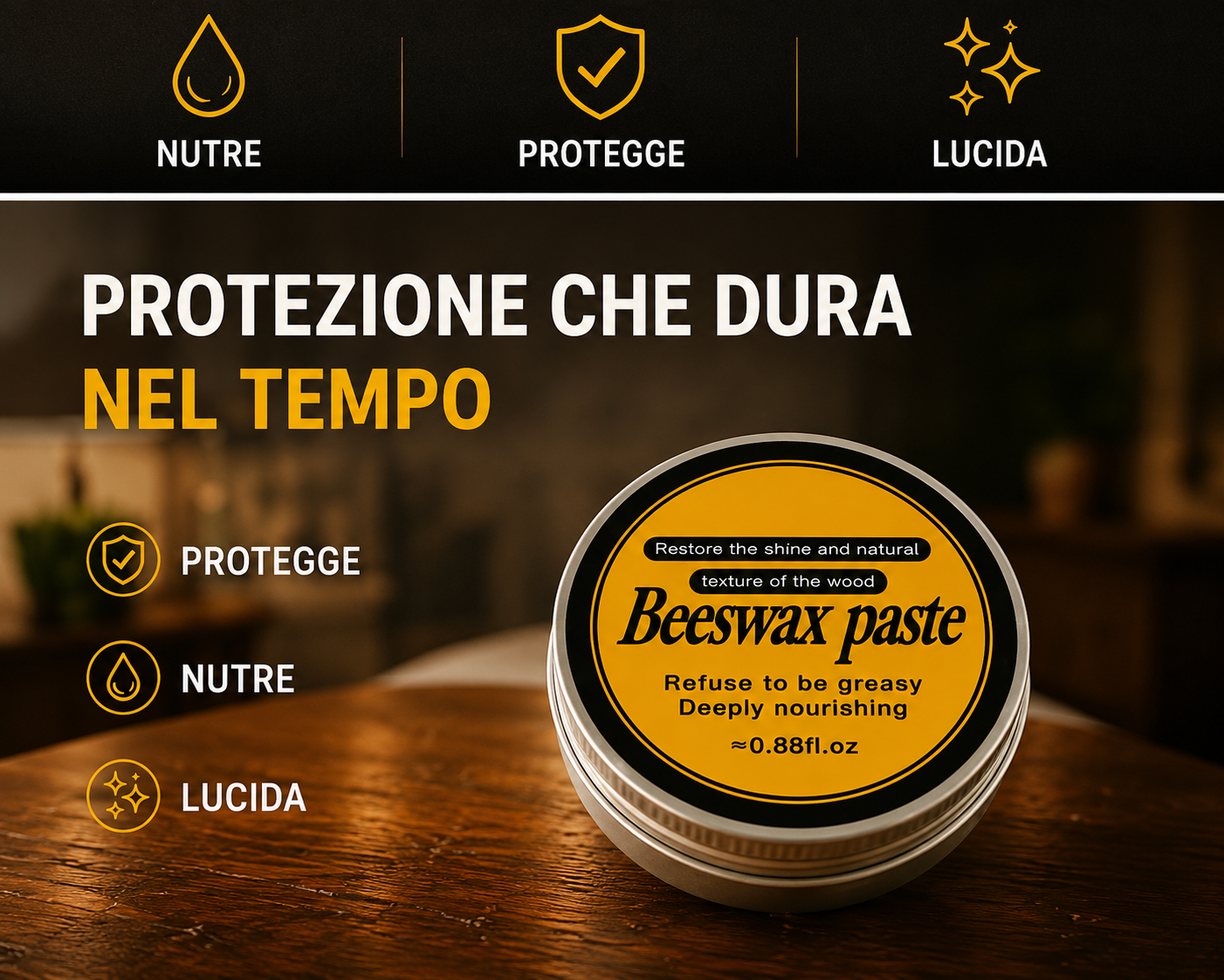 Cera d'Api per Legno – Lucidante Naturale per Mobili e Superfici in Legno