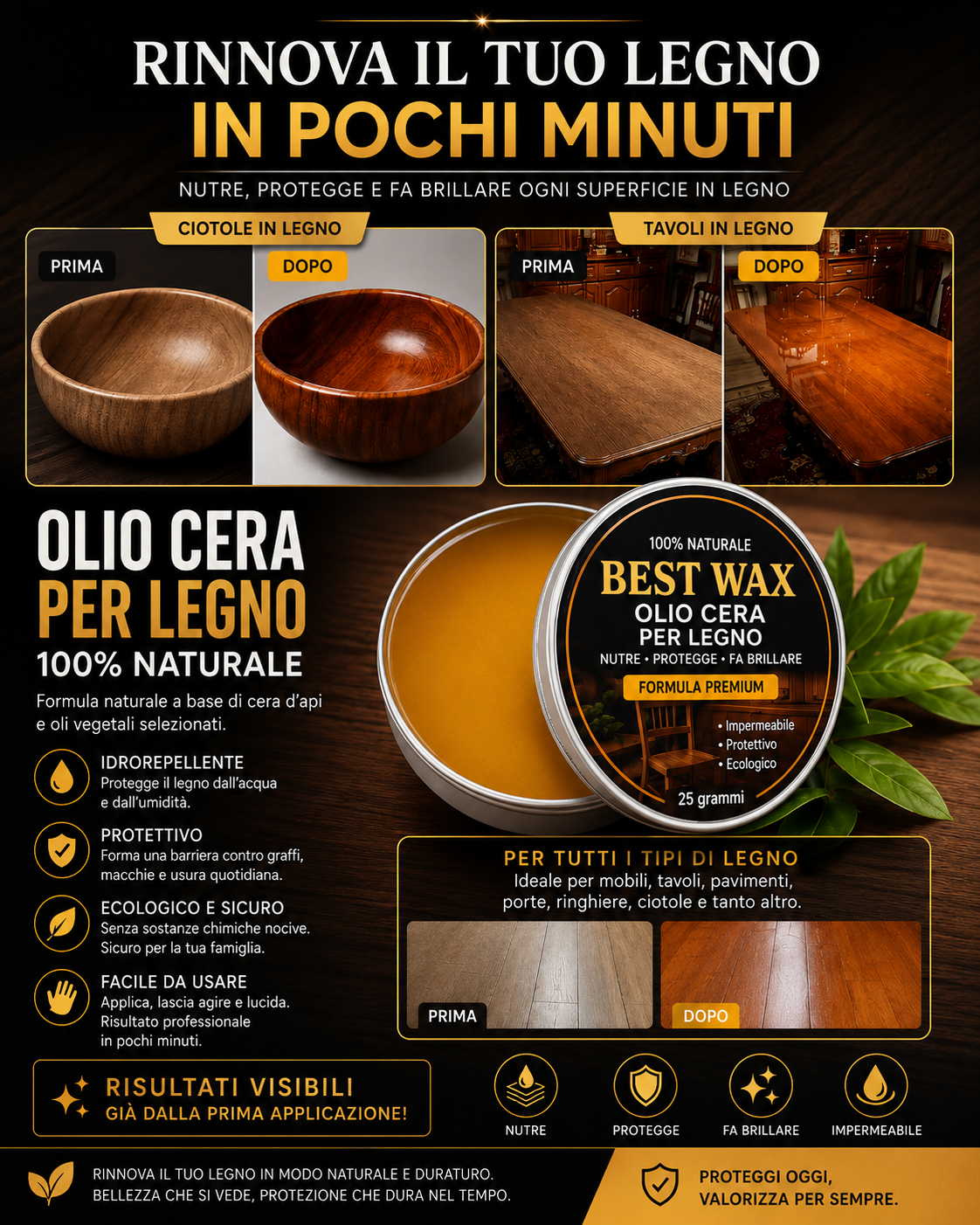 Cera d'Api per Legno – Lucidante Naturale per Mobili e Superfici in Legno